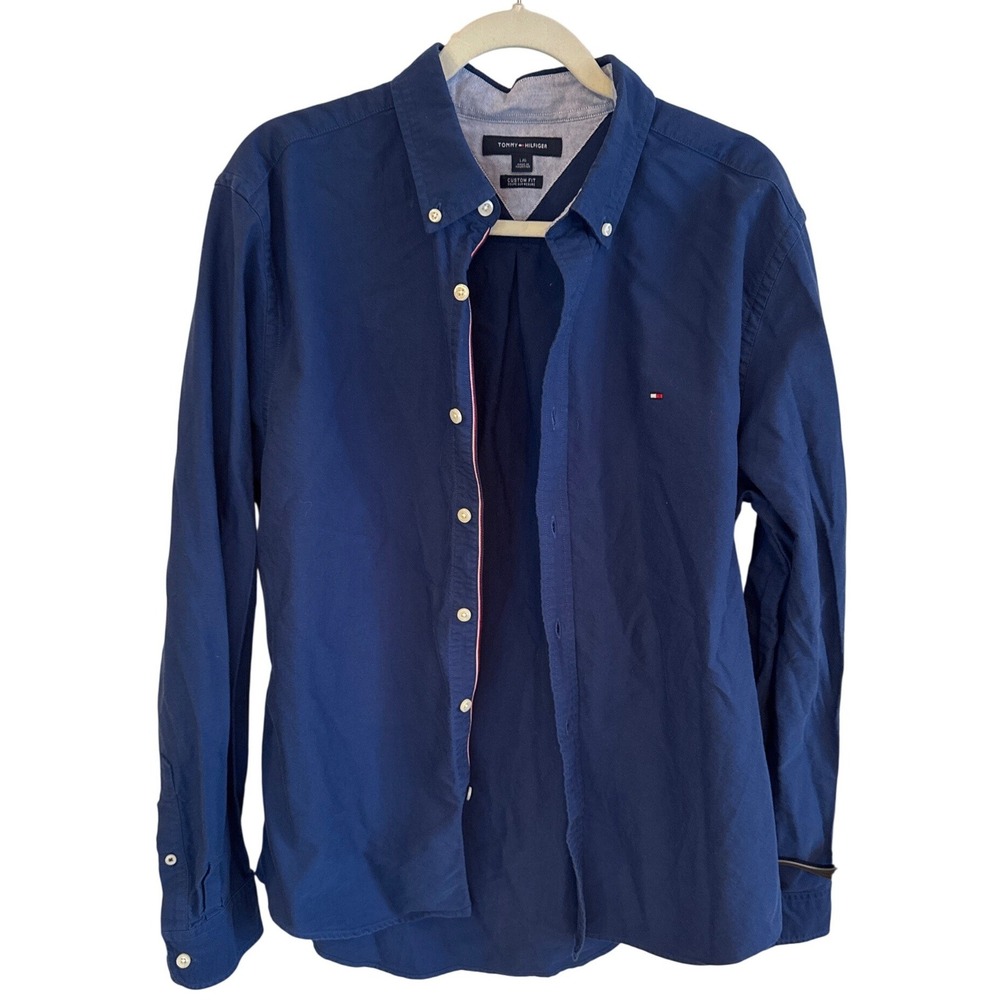 Tommy Hilfiger Men Custom Fit Long Sleeve Button Down Shirt‎ Navy Blue L G